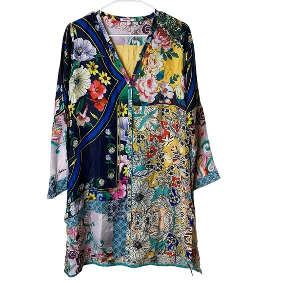 Johnny Was Silk Artsy Button Up Colorful Floral Tunic Size PS Asian Art To Wear - Picture 3 of 11